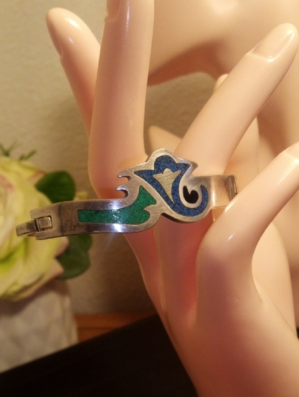 Silver Bracelet with Blue and Green Enamel Inlay